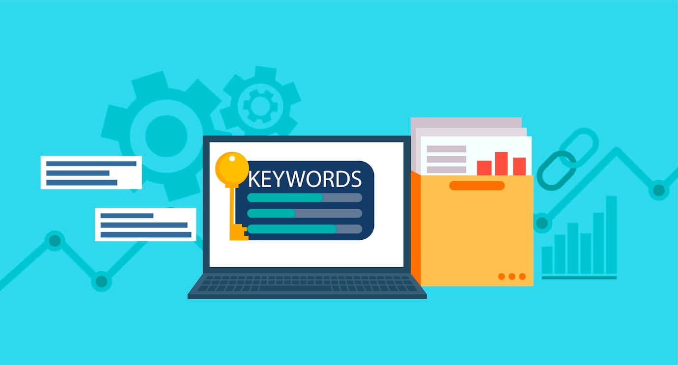 keywords research banner laptop with folder documents graphs key